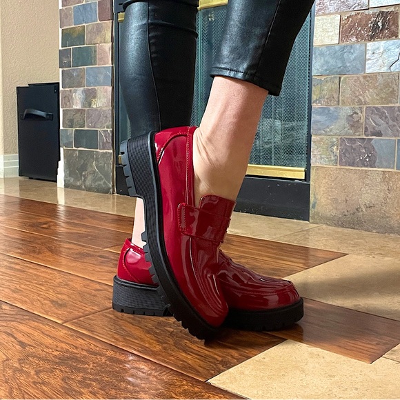 Chunky Red Penny Loafer Slip On Platform - Picture 1 of 9